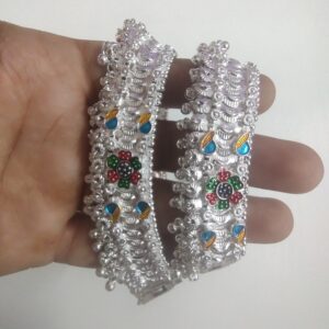 Bold Heavy Silver Payal with Ghungroo and Bright Multi-Color Stones.