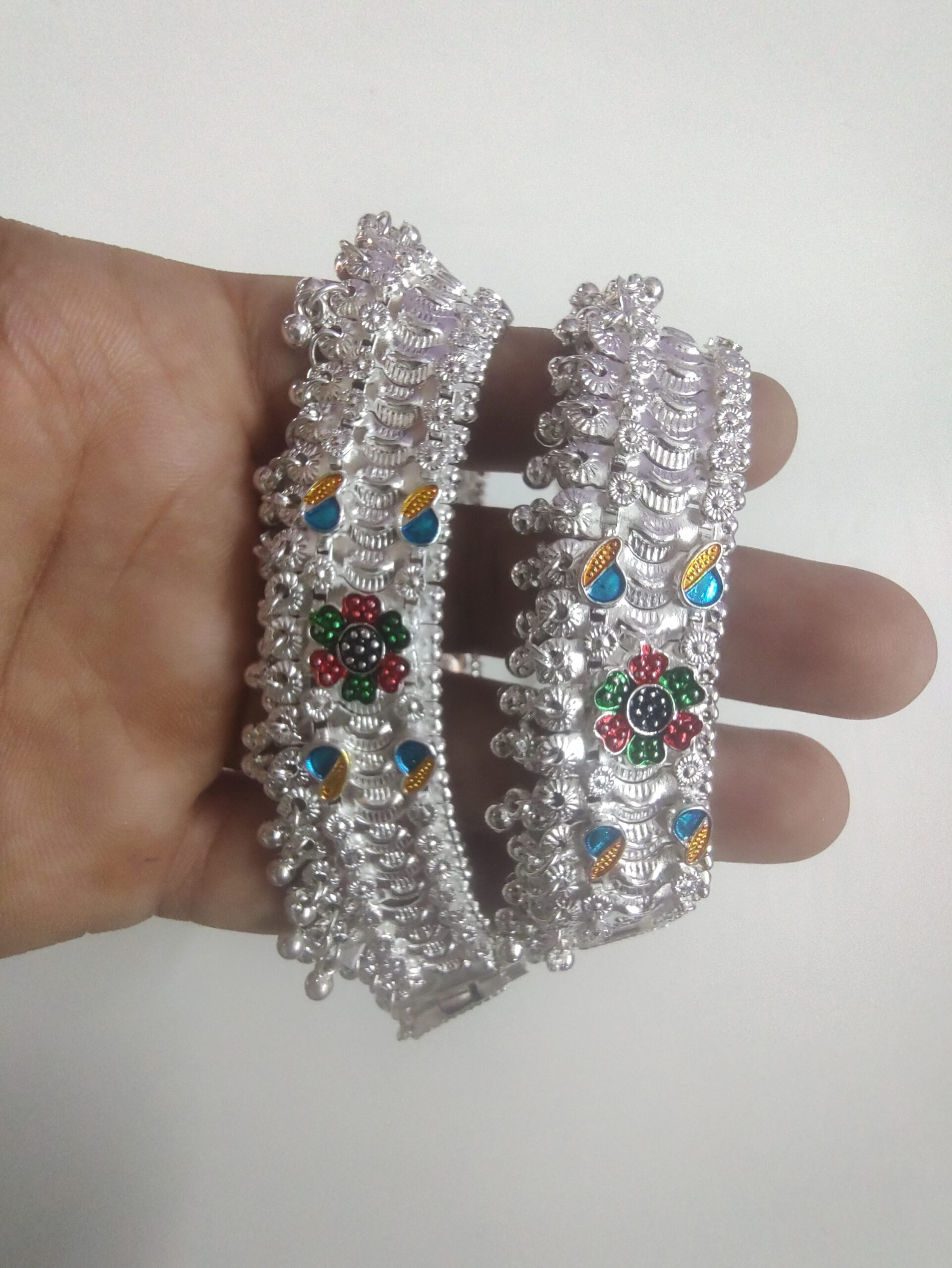 Bold Heavy Silver Payal with Ghungroo and Bright Multi-Color Stones.