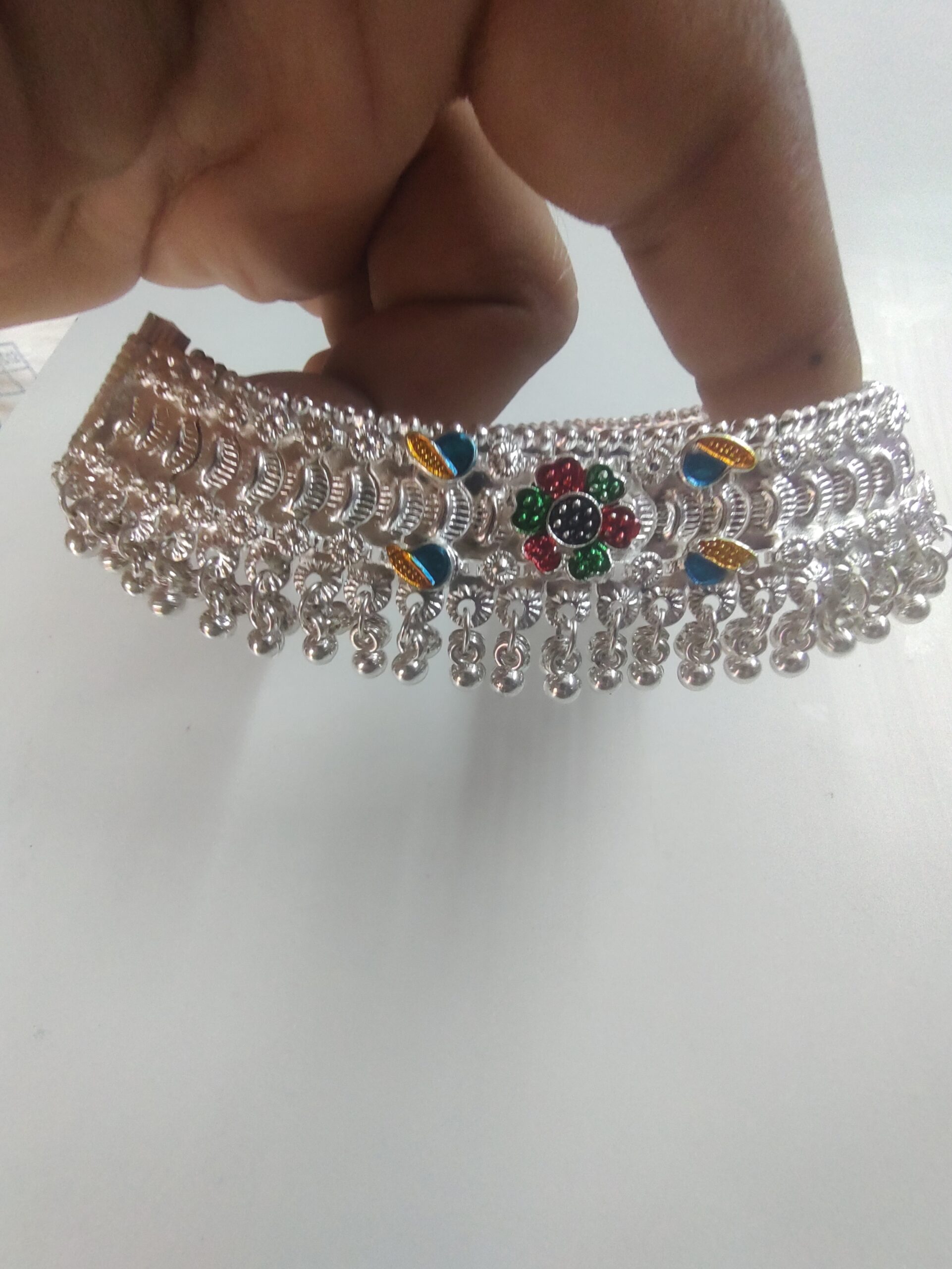 Bold Heavy Silver Payal with Ghungroo and Bright Multi-Color Stones, Designer Payal - Image 3